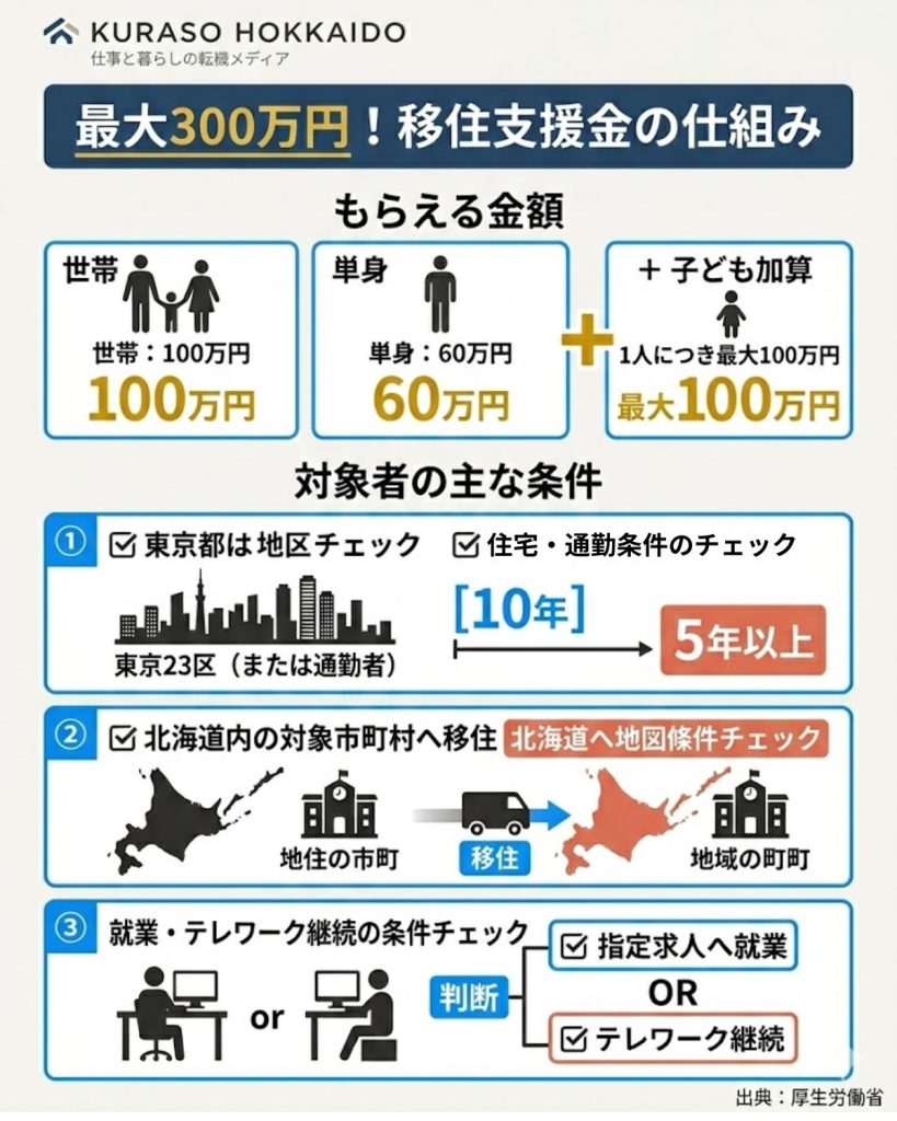 最大300万円もらえる移住支援金の金額内訳と主な条件。世帯、単身、子ども加算の仕組みを図解
