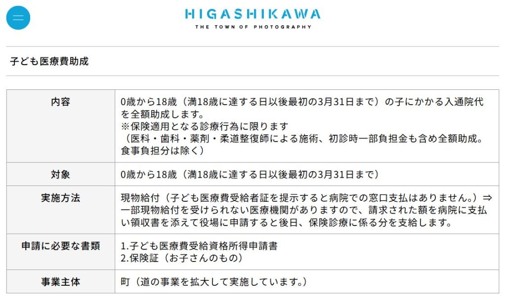 北海道東川町公式サイトの子育て支援・医療費助成ページ（2026年3月時点）