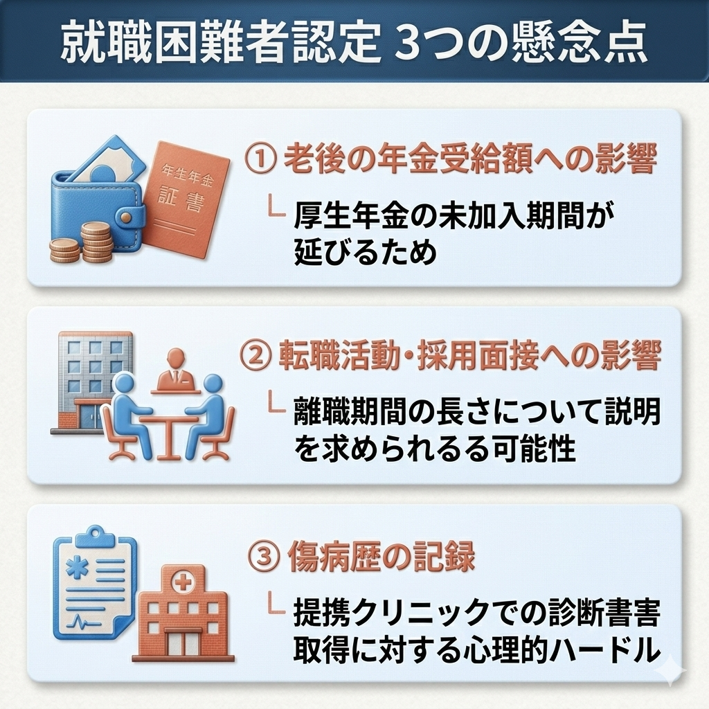 就職困難者認定に伴う3つのリスクを図解。老後の年金受給額への影響、転職活動への影響、傷病歴の記録について整理