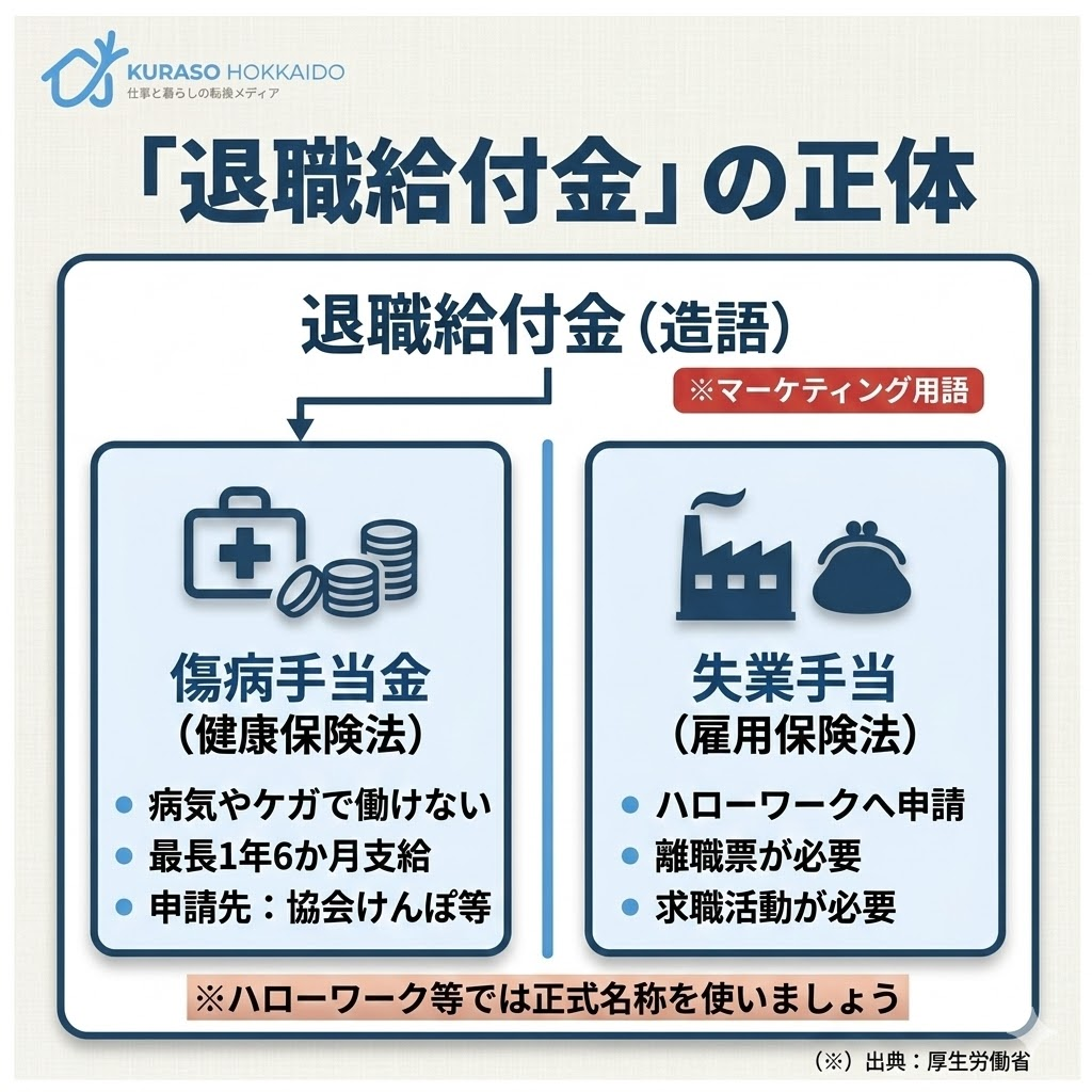 退職給付金という用語の内訳図解。傷病手当金と失業手当（基本手当）の2つを組み合わせた造語であることを説明。