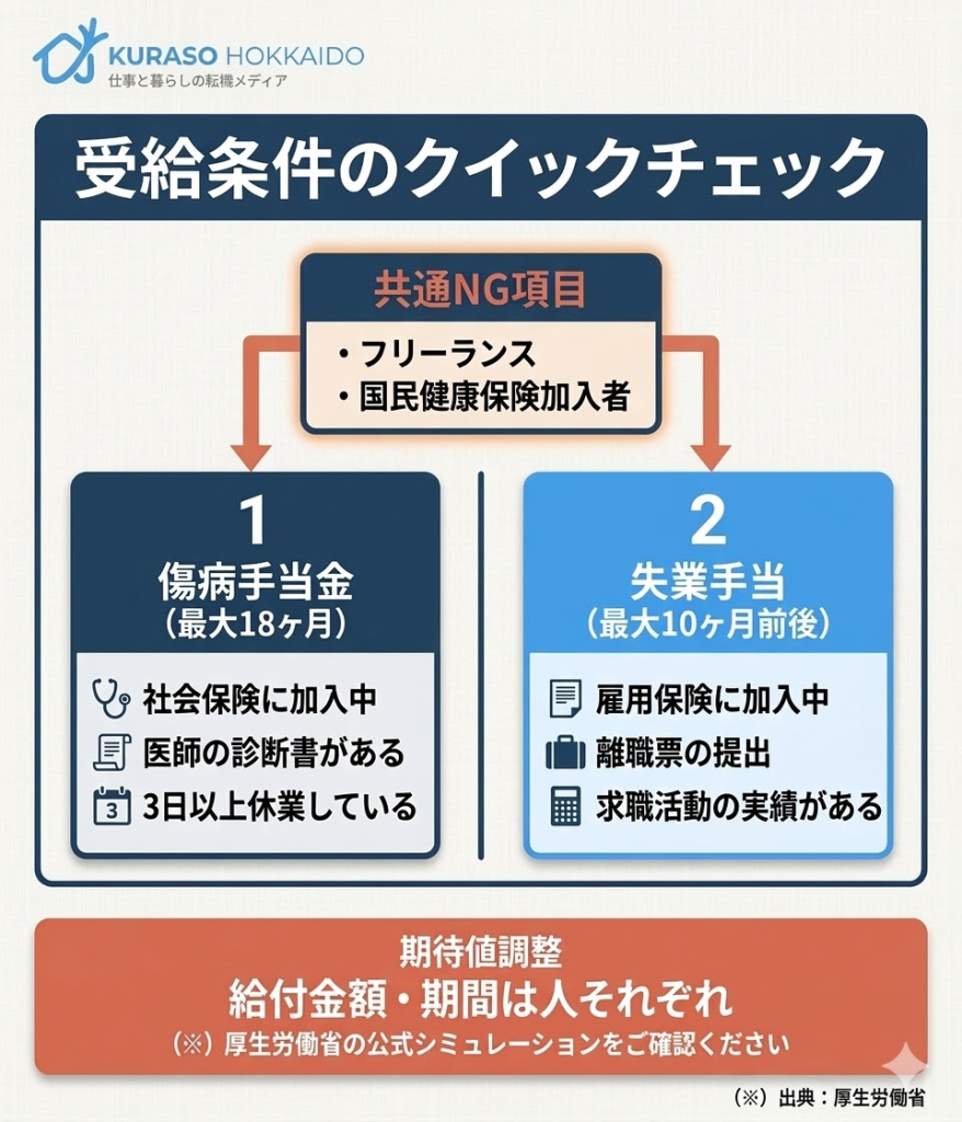 傷病手当金と失業手当の受給条件の対比図解。社会保険・雇用保険の加入状況や診断書の有無など、主要な条件を整理。
