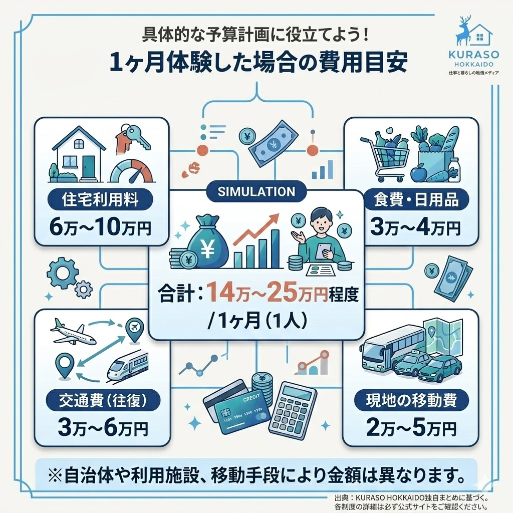ちょっと暮らしを1ヶ月体験した場合の費用目安を図解。住宅利用料、食費、交通費などを含め合計14万〜25万円程度。
