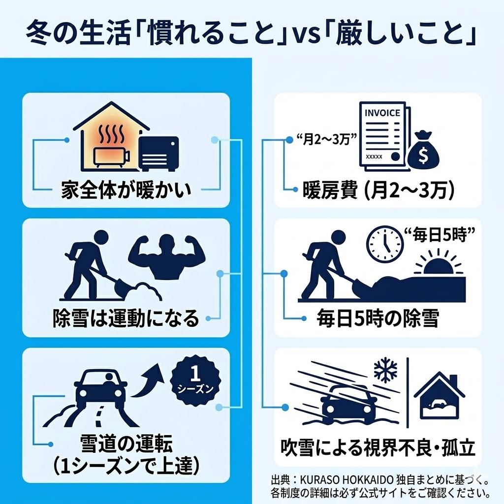 北海道の冬の暮らしの対比図。部屋の暖かさなどのメリットと、暖房費や除雪の負担などのデメリットを対比