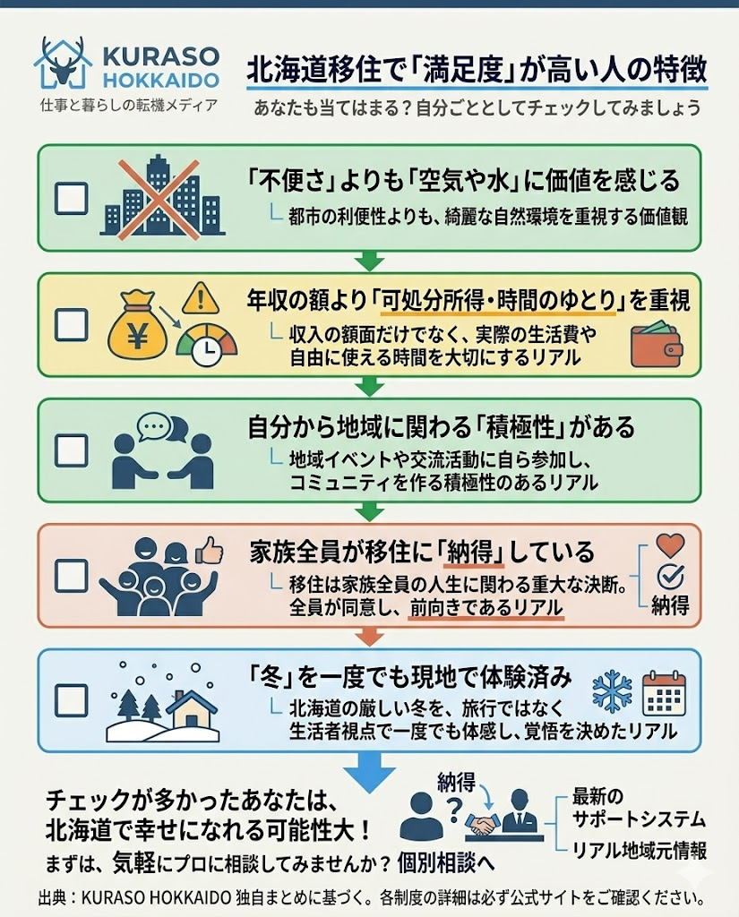 北海道移住で満足度が高い人の特徴チェックリスト。価値観、時間、地域交流、家族の合意、現地体験の5項目