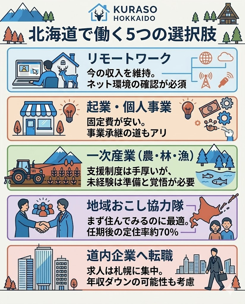 北海道で働く5つの選択肢を図解。リモートワーク、起業、一次産業、地域おこし協力隊、転職の特徴まとめ