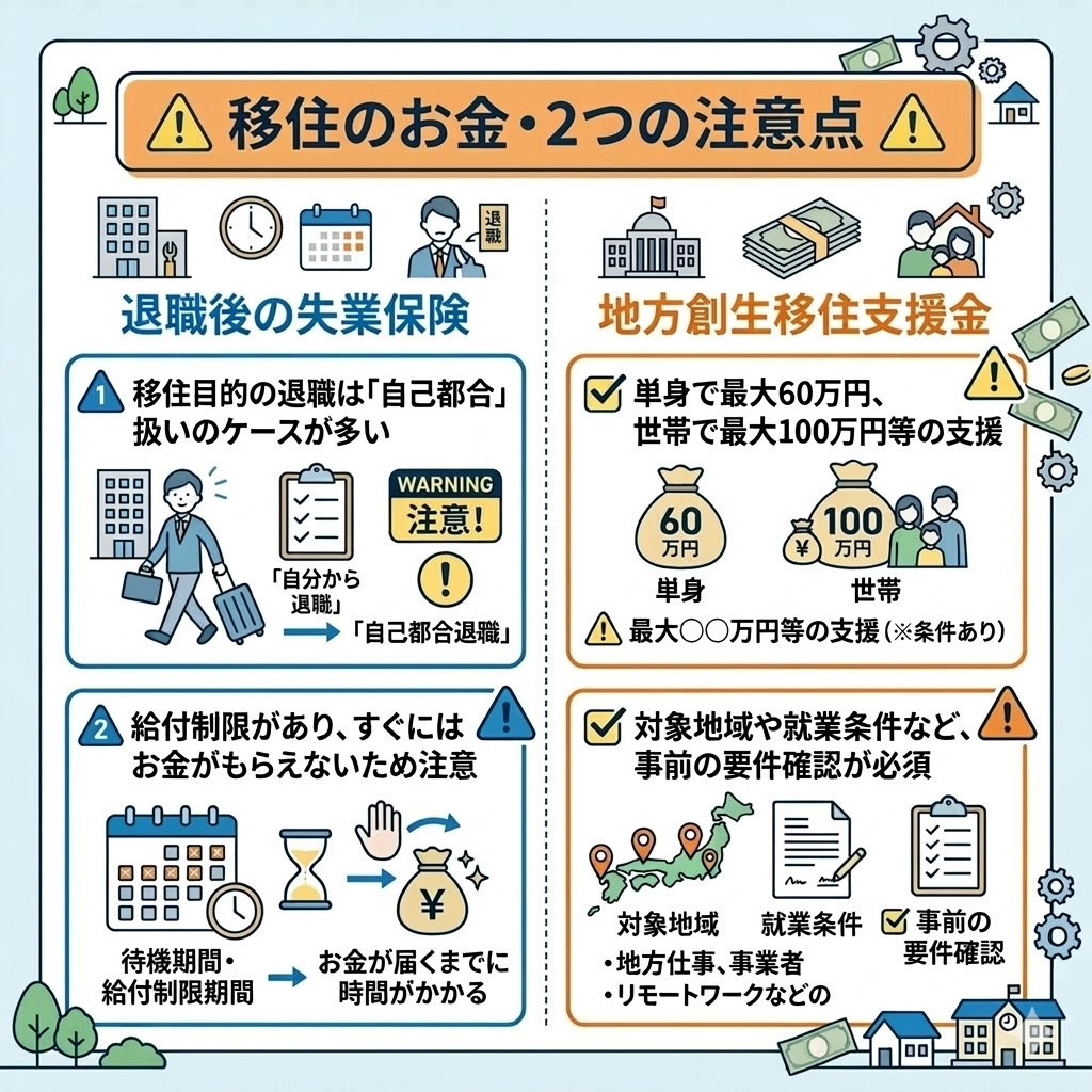 北海道移住のお金に関する注意点。失業保険の給付タイミングと移住支援金の条件確認について図解