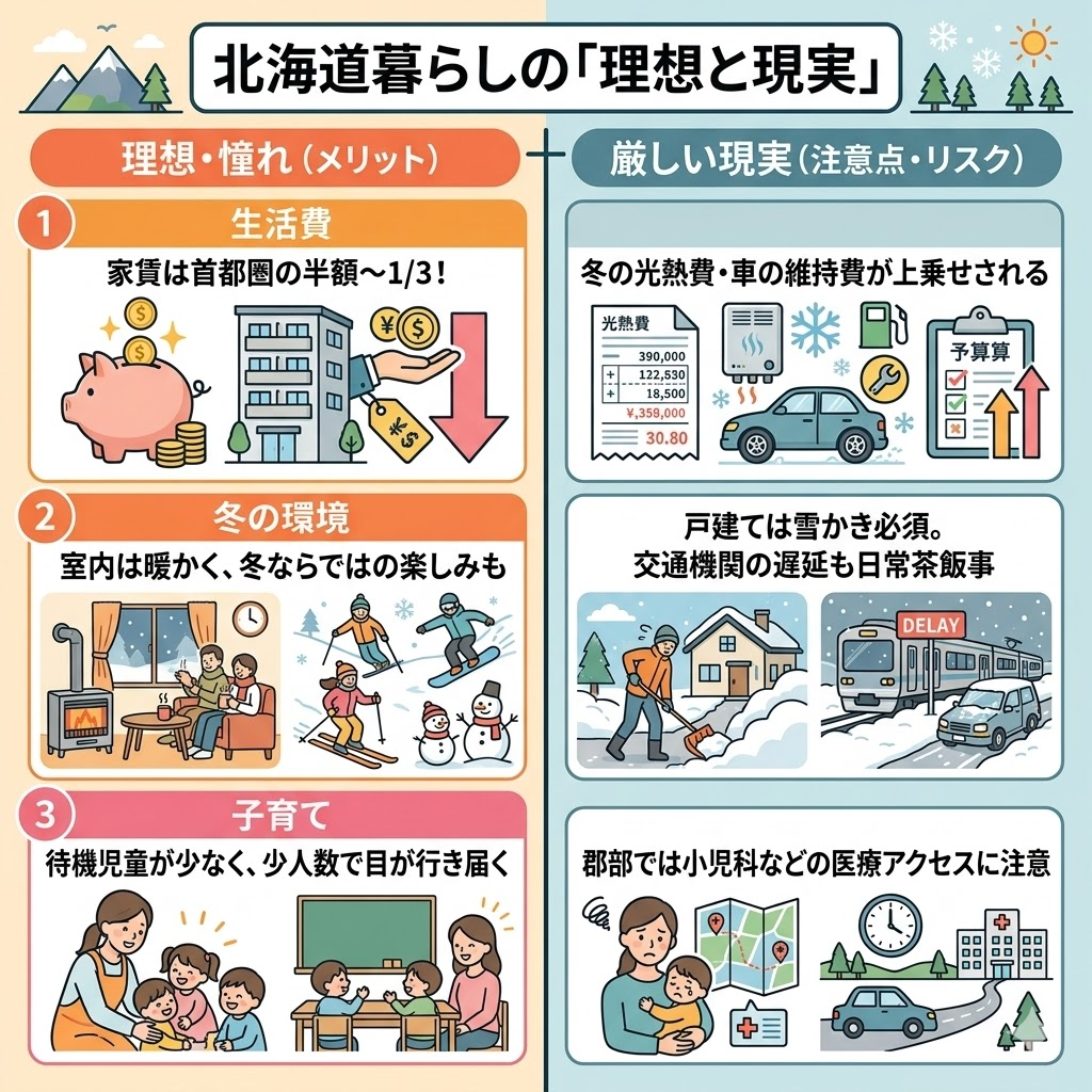 北海道暮らしの理想と現実の対比図。生活費、冬の環境、子育て環境におけるメリットと注意点を比較