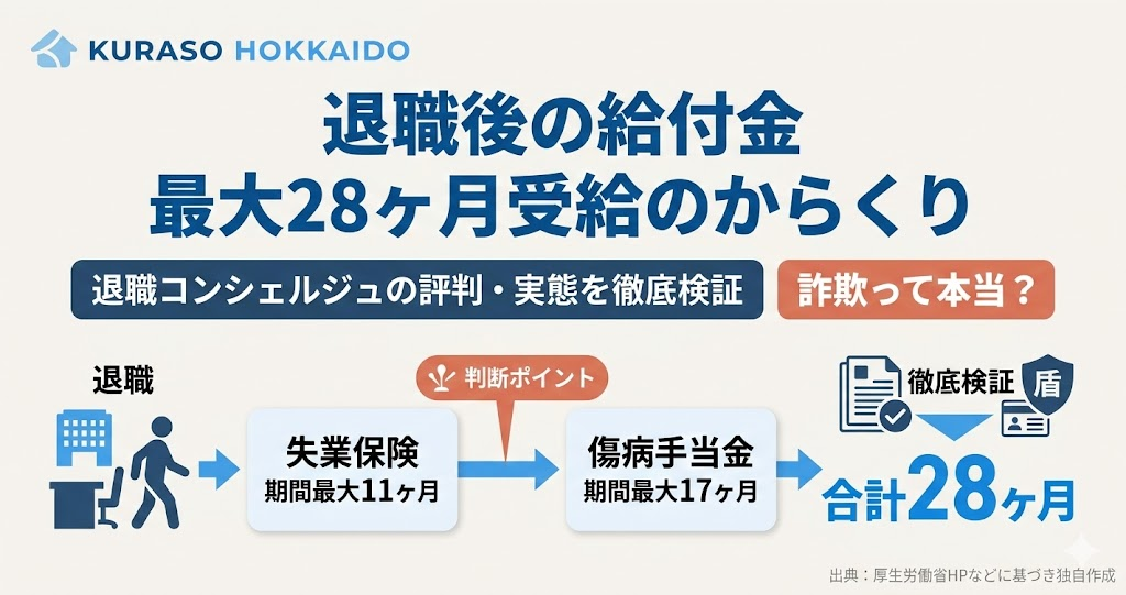 退職コンシェルジュの評判と実態を検証する記事のアイキャッチ。最大28ヶ月の給付金受給のからくりを解説