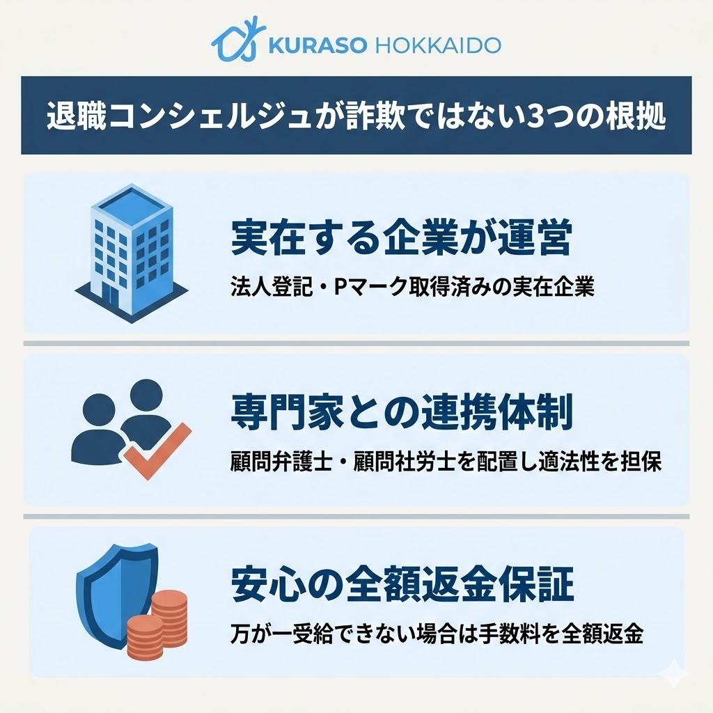 退職コンシェルジュが詐欺ではない3つの根拠を図解。実在企業の運営、専門家連携、全額返金保証について整理