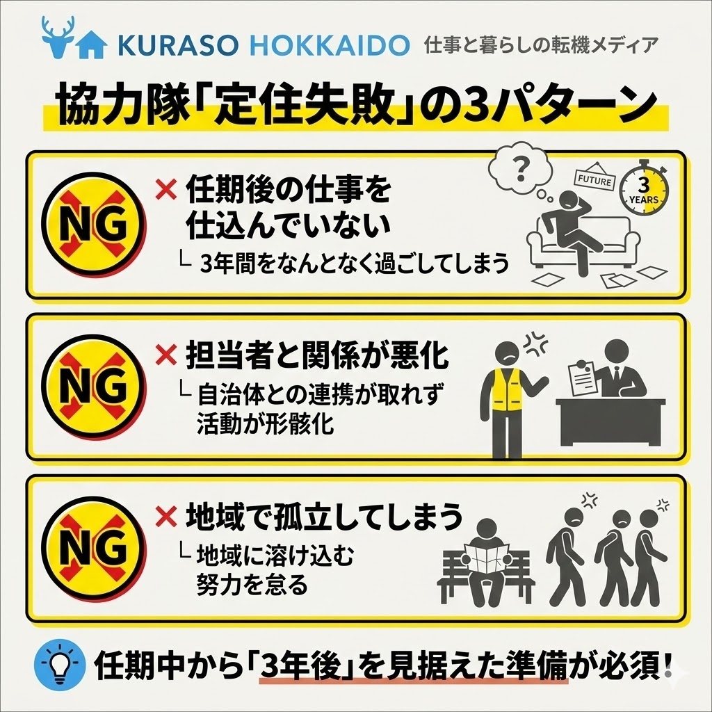 地域おこし協力隊の定住失敗3パターン。任期後の準備不足、関係悪化、地域での孤立を図解で警告