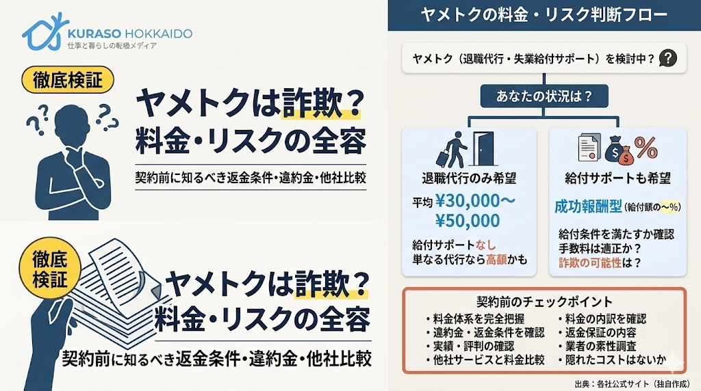 退職前サポートヤメトクの解説記事アイキャッチ。料金、リスク、返金条件、他社比較などの全容を徹底検証する内容を訴求