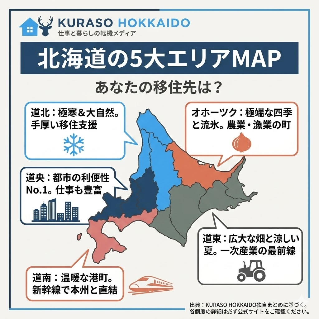 北海道の5大エリアマップ。道央、道南、道北、道東、オホーツクの位置関係と、それぞれの気候や主な特徴を図解