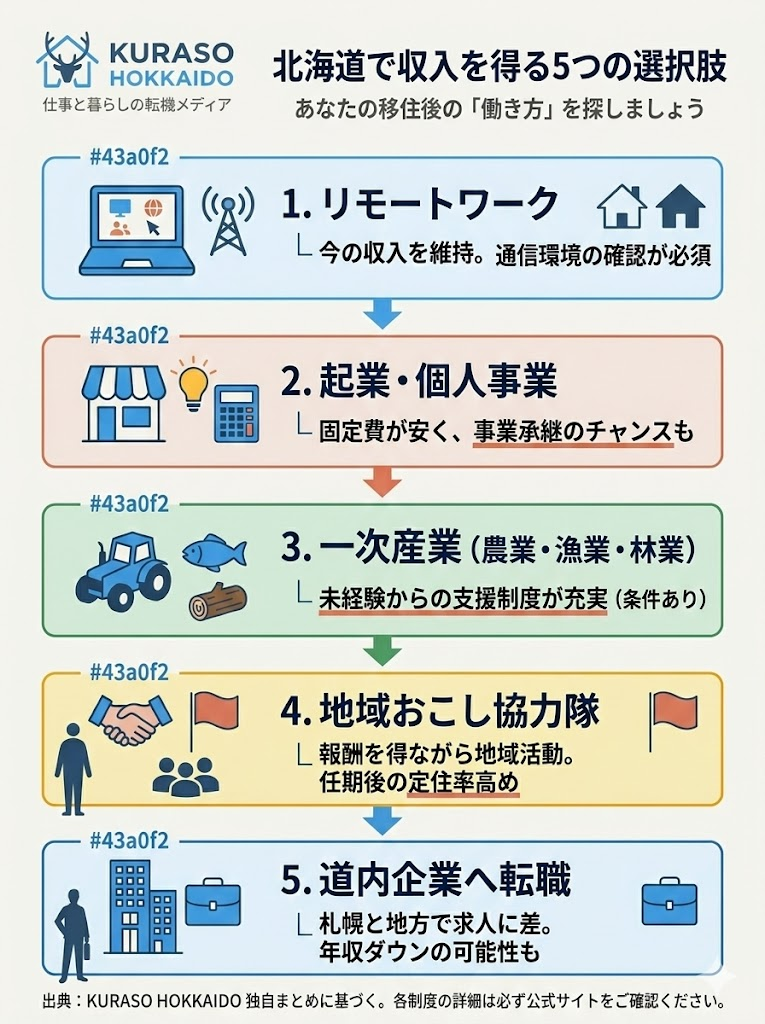 北海道で収入を得る5つの選択肢を図解。リモートワーク、起業、一次産業、地域おこし協力隊、道内企業への転職の特徴を整理