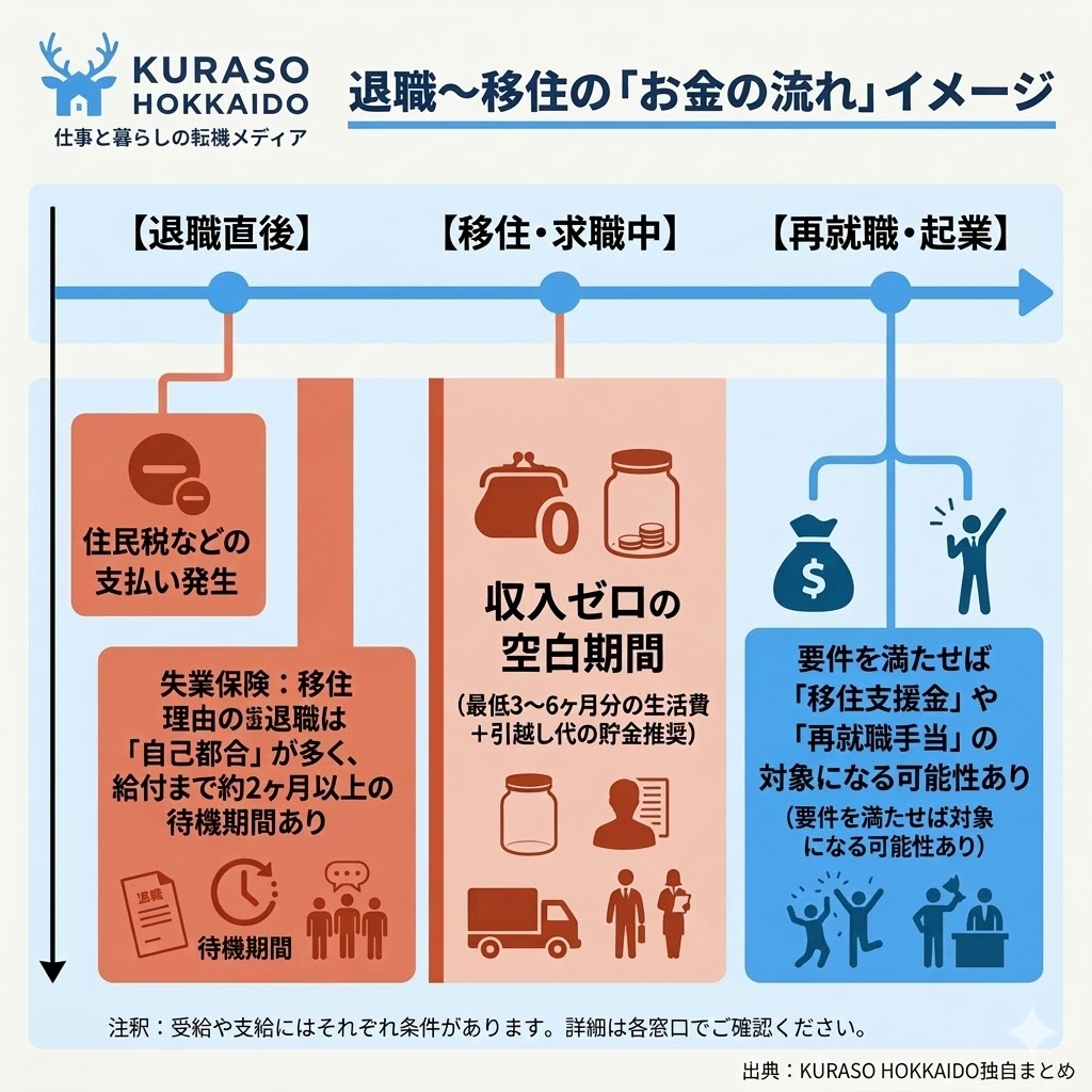 退職から移住後のお金の流れを図解。収入ゼロの期間への備えと、失業保険や移住支援金など制度適用のタイミングイメージ