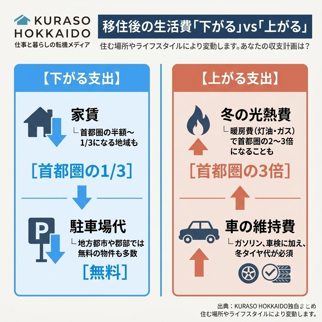 北海道移住後の生活費の変化を図解。家賃や駐車場代が下がる一方、冬の光熱費や車の維持費が上がるリアルな収支傾向を対比