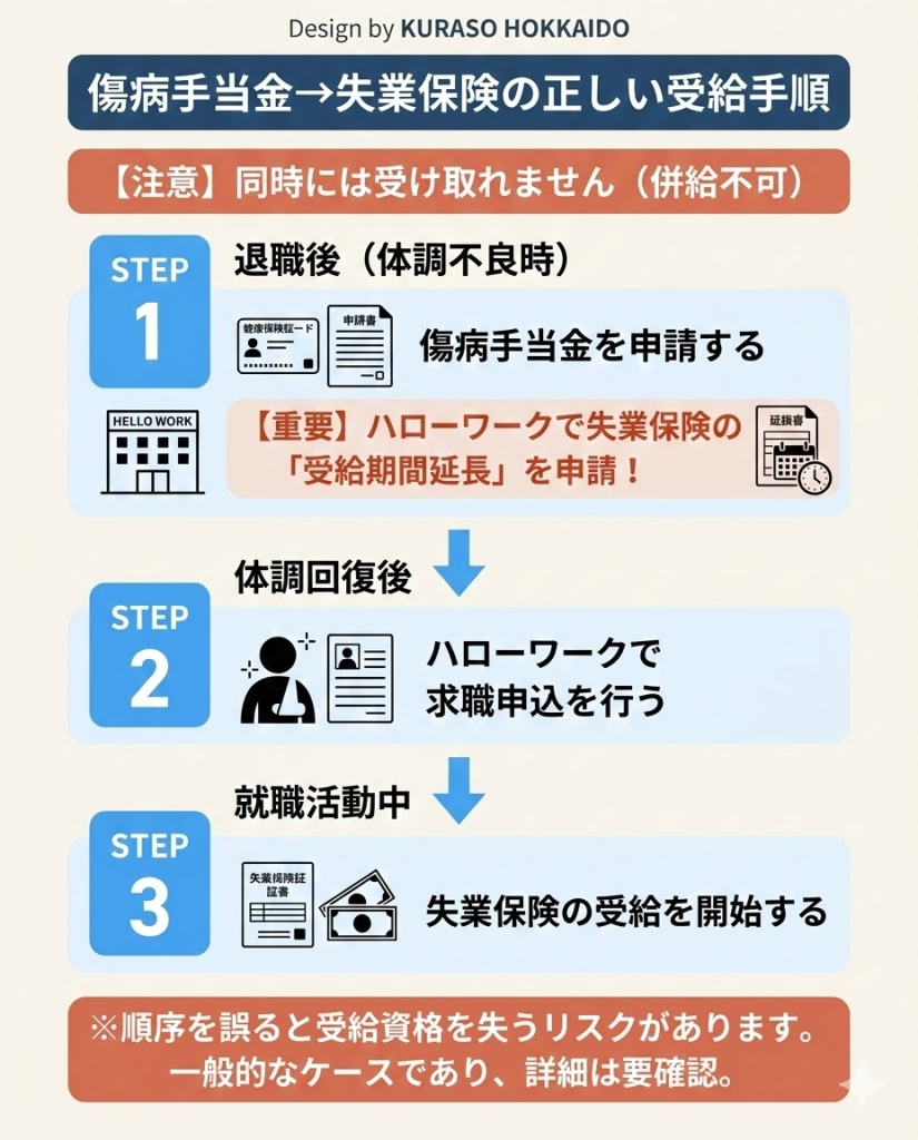 傷病手当金と失業保険を順番に受け取るステップ。傷病手当金申請と失業保険の延長申請から始まり、回復後に求職申込、失業保険受給へと進む流れ