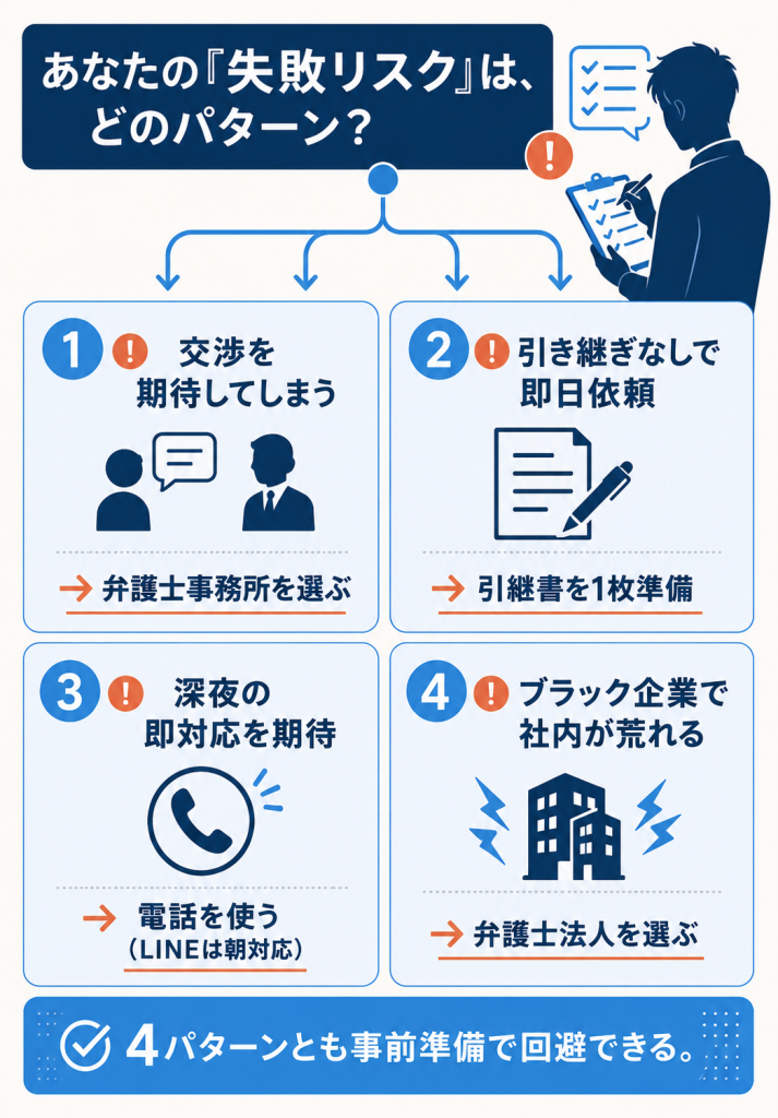 退職代行jobsで失敗が起こりうる4パターンと、それぞれの事前回避対処法を整理した分岐フロー図