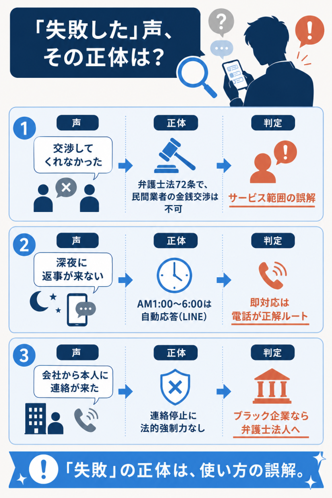 知恵袋の「退職代行jobsで失敗した」声を3つの代表パターンに分解し、声の正体と判定を整理した検証カード