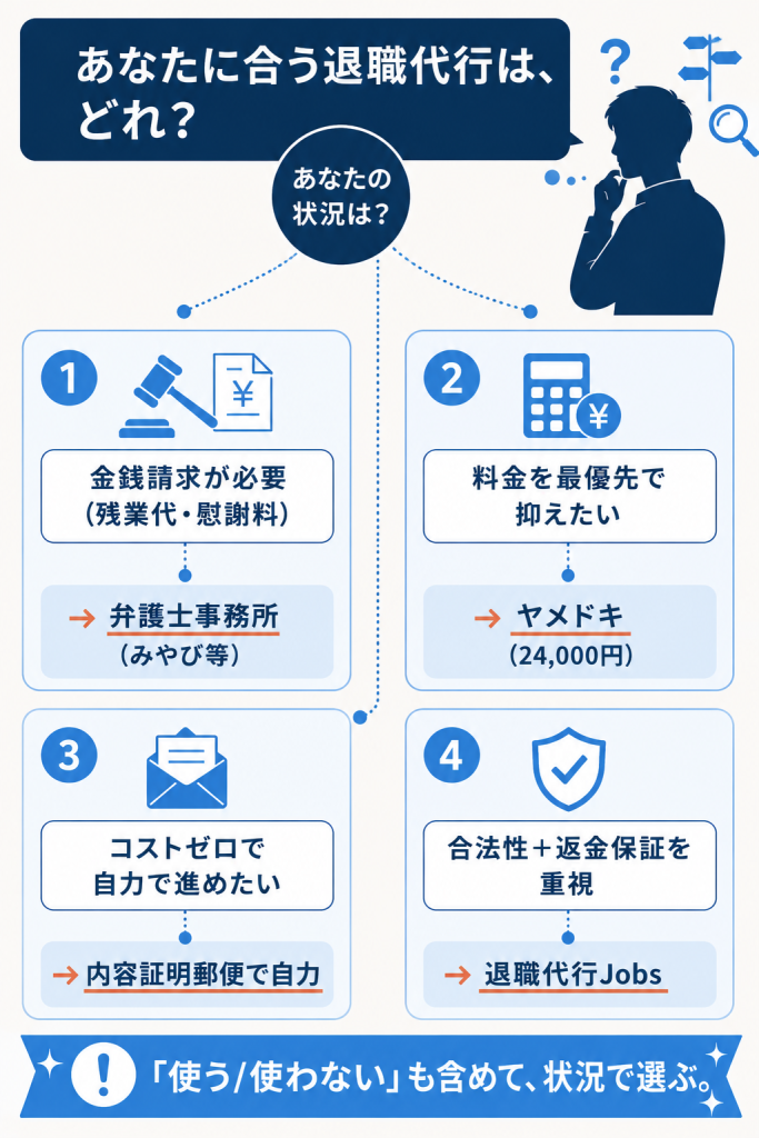 金銭請求・料金最優先・自力・合法性重視の4状況別に最適な退職代行選択肢を示した分岐フロー図