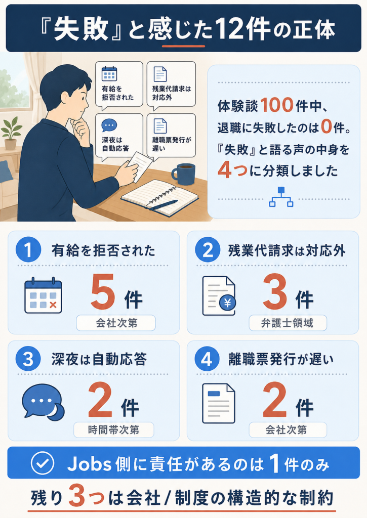 退職代行Jobsの失敗体験談12件を4パターンに分類した内訳図解