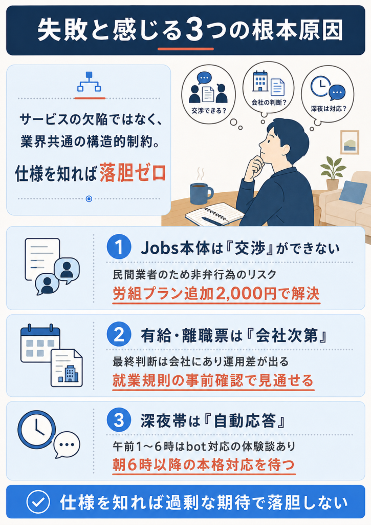 退職代行Jobsで失敗と感じる3つの根本原因と解決手段を示す図解