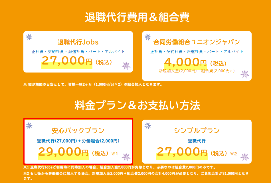 退職代行Jobs公式サイトに掲載されたシンプルプラン27,000円と安心パックプラン29,000円の料金プラン画面